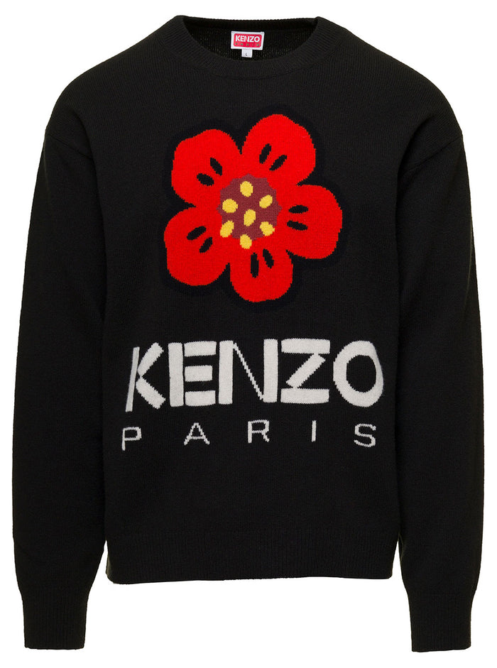 Black Crewneck Sweater With Boke Flower Logo Detail Wool Man Jersey