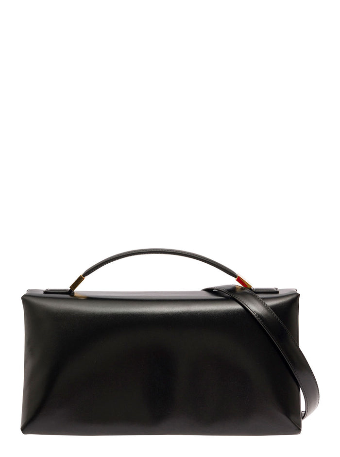 Prisma Black Handbag With Embossed Logo Smooth Leather Woman Calf Hand Bags
