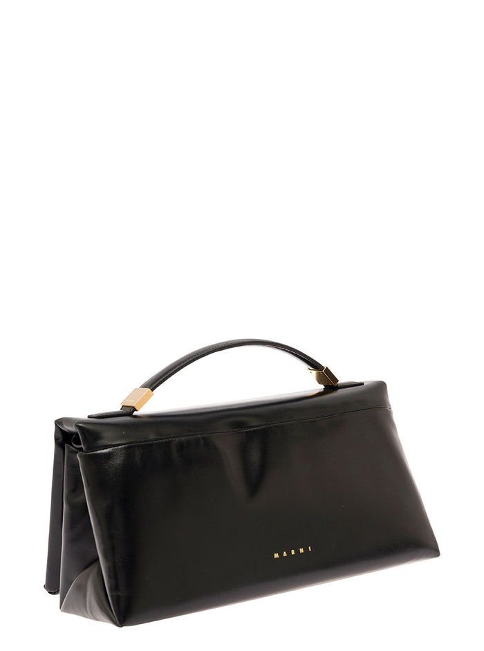 Prisma Black Handbag With Embossed Logo Smooth Leather Woman Calf Hand Bags