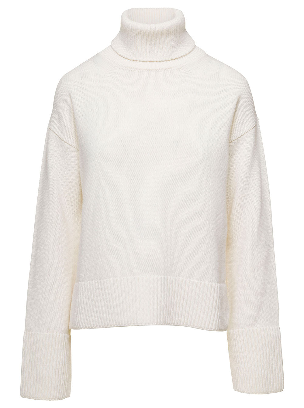 White Turtleneck Sweater With Ribbed Trim Wool Woman Jersey