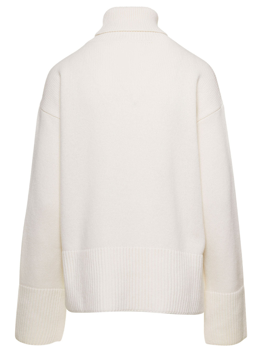 White Turtleneck Sweater With Ribbed Trim Wool Woman Jersey