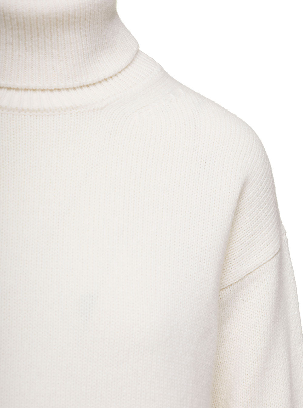 White Turtleneck Sweater With Ribbed Trim Wool Woman Jersey