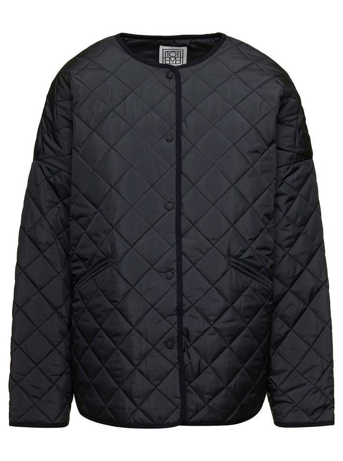 Black Quilted Jacket With Round Neckline Recycled Fabric Woman Polyester