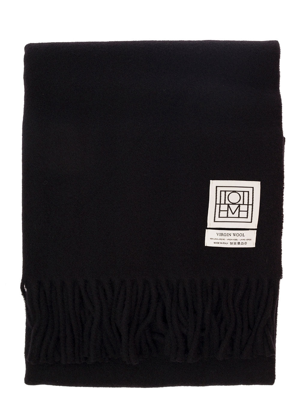 Black Scarf With Logo Patch And Fringed Hem Wool Woman Rws Scarfs Foulards