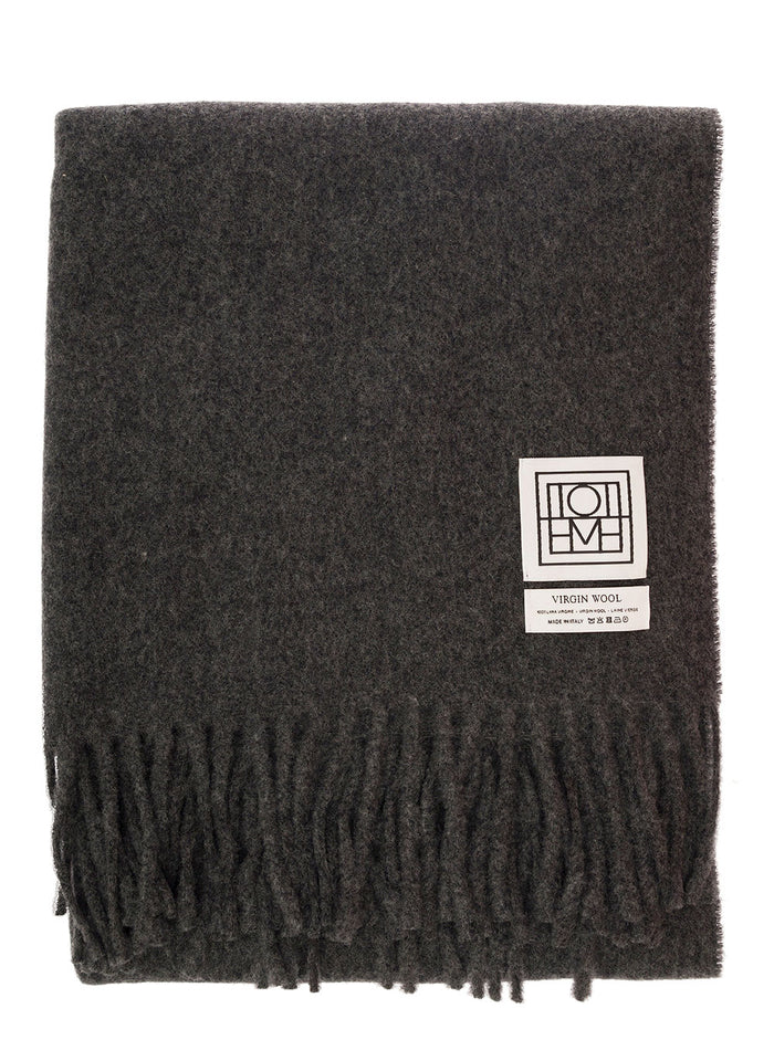 Grey Scarf With Logo Patch And Fringed Hem Wool Woman Rws Scarfs Foulards