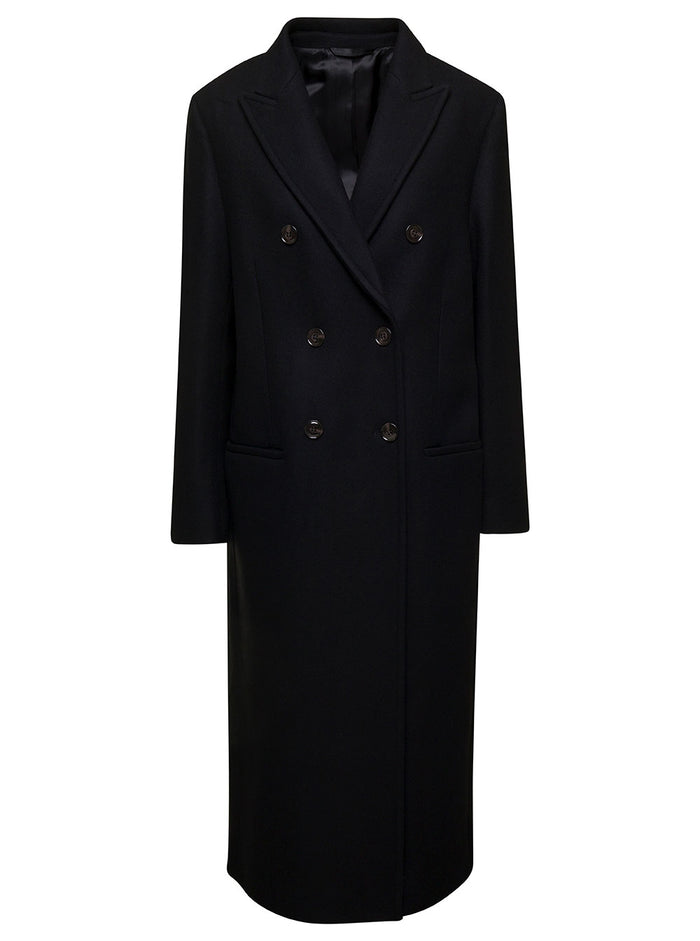 Long Black Double-Breasted Coat Wool Woman Recycled