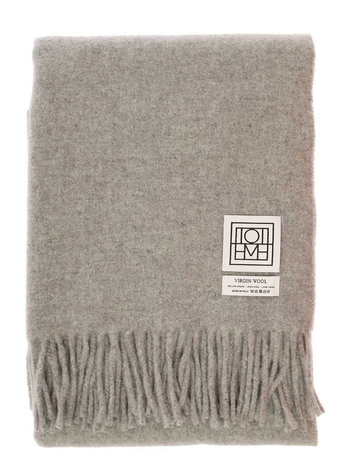 Grey Scarf With Logo Patch And Fringed Hem Wool Woman Rws Scarfs Foulards