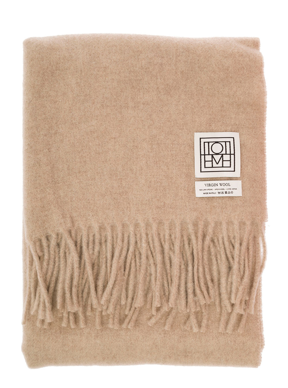 Beige Scarf With Logo Patch And Fringed Hem Wool Woman Rws Scarfs Foulards