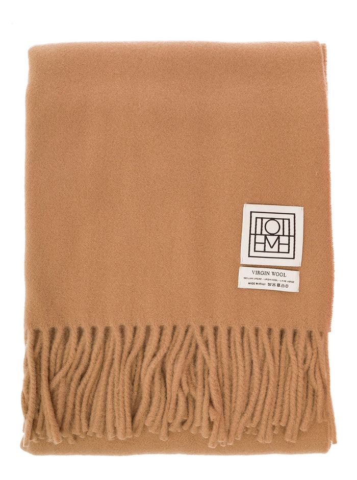 Beige Scarf With Logo Patch And Fringed Hem Wool Woman Rws Scarfs Foulards