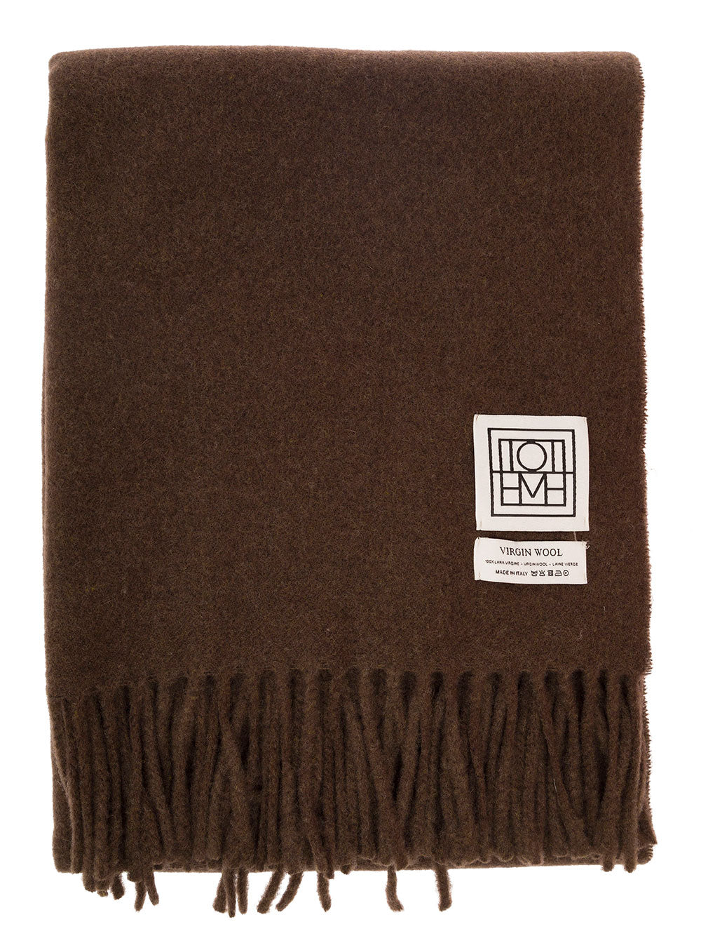 Brown Scarf With Logo Patch And Fringed Hem Wool Woman Rws Scarfs Foulards