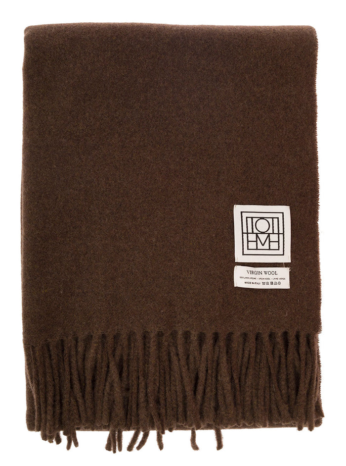 Brown Scarf With Logo Patch And Fringed Hem Wool Woman Rws Scarfs Foulards