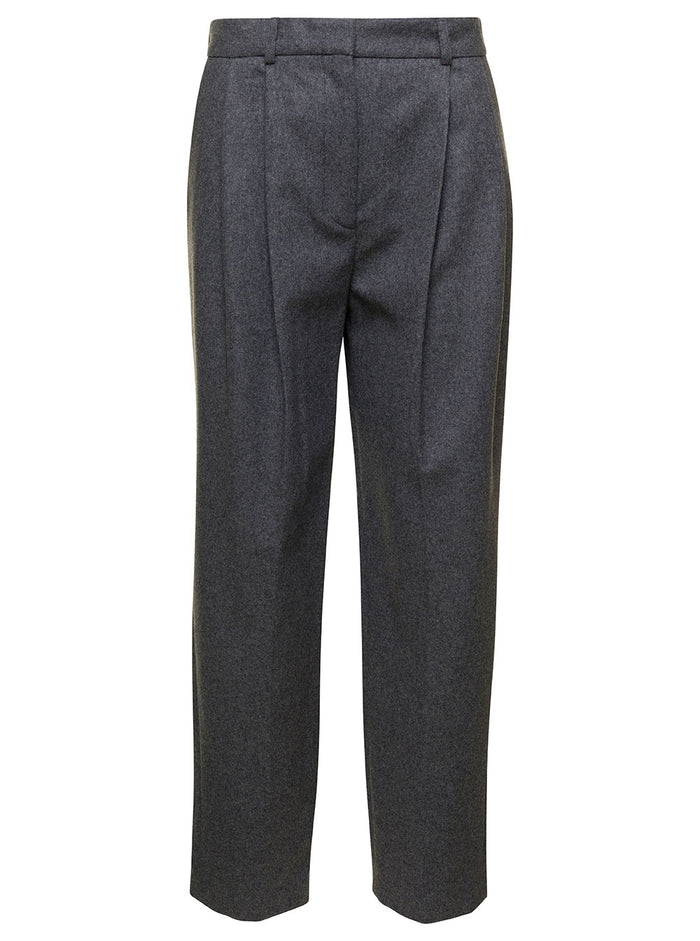 Grey Double Plated Tailored Trousers Wool Blend Woman