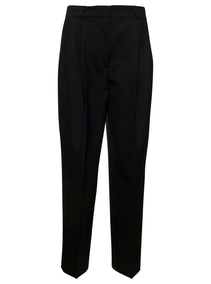 Black Double Pleated Tailored Trousers Wool Blend Woman