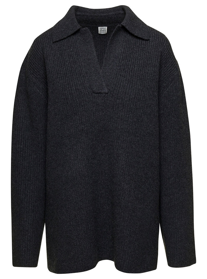 Grey Ribbed Sweater With V Neckline Wool And Cashmere Woman Jersey