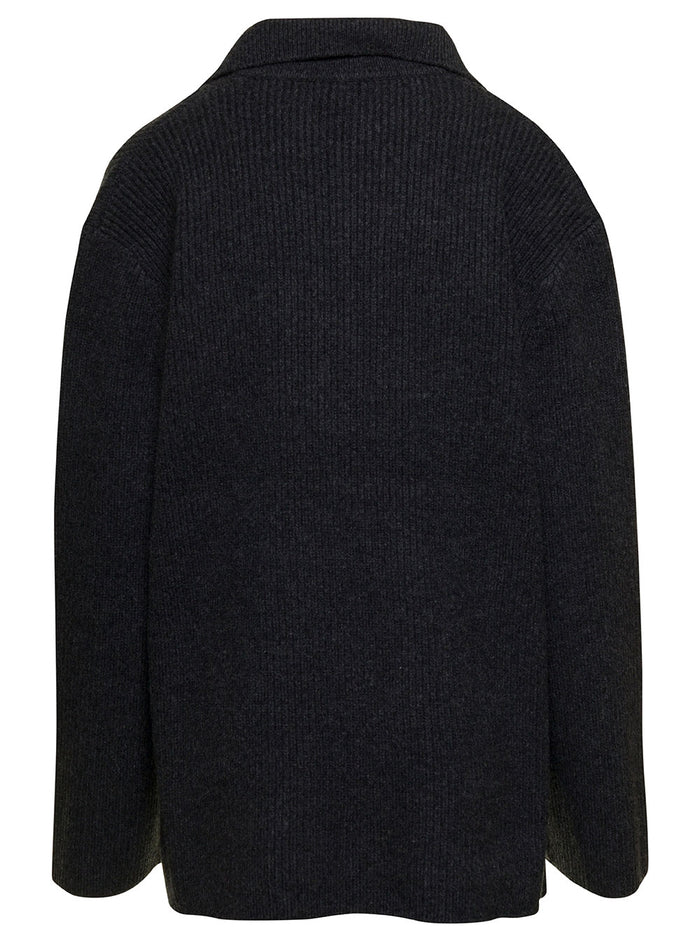 Grey Ribbed Sweater With V Neckline Wool And Cashmere Woman Jersey