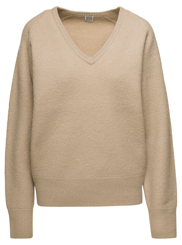Beige Sweater With V Neckline Wool Woman Responsible Standard Jersey