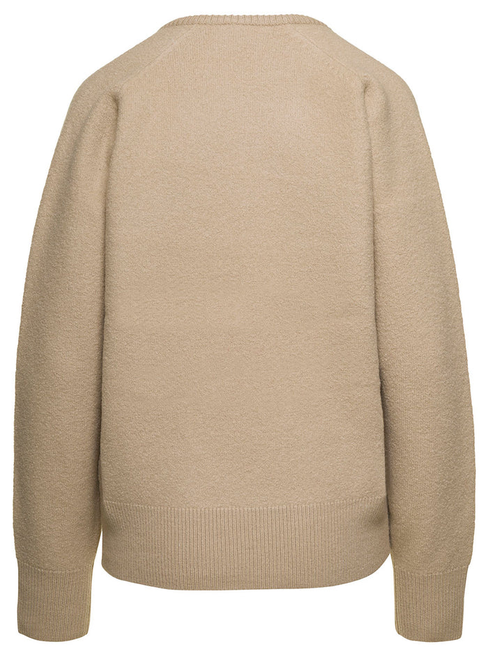 Beige Sweater With V Neckline Wool Woman Responsible Standard Jersey