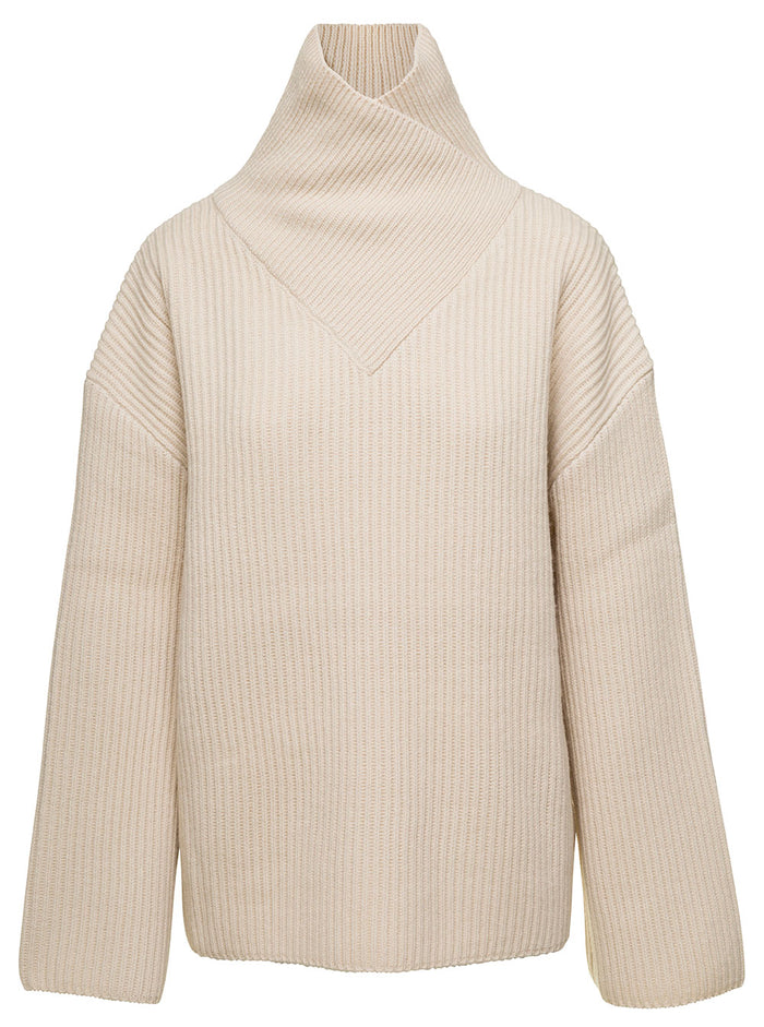 White Ribbed Sweater With Wrap Neck Wool Woman Beige Responsible Standard Jersey