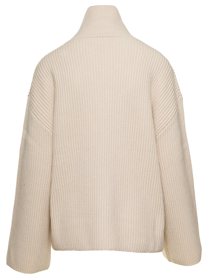 White Ribbed Sweater With Wrap Neck Wool Woman Beige Responsible Standard Jersey