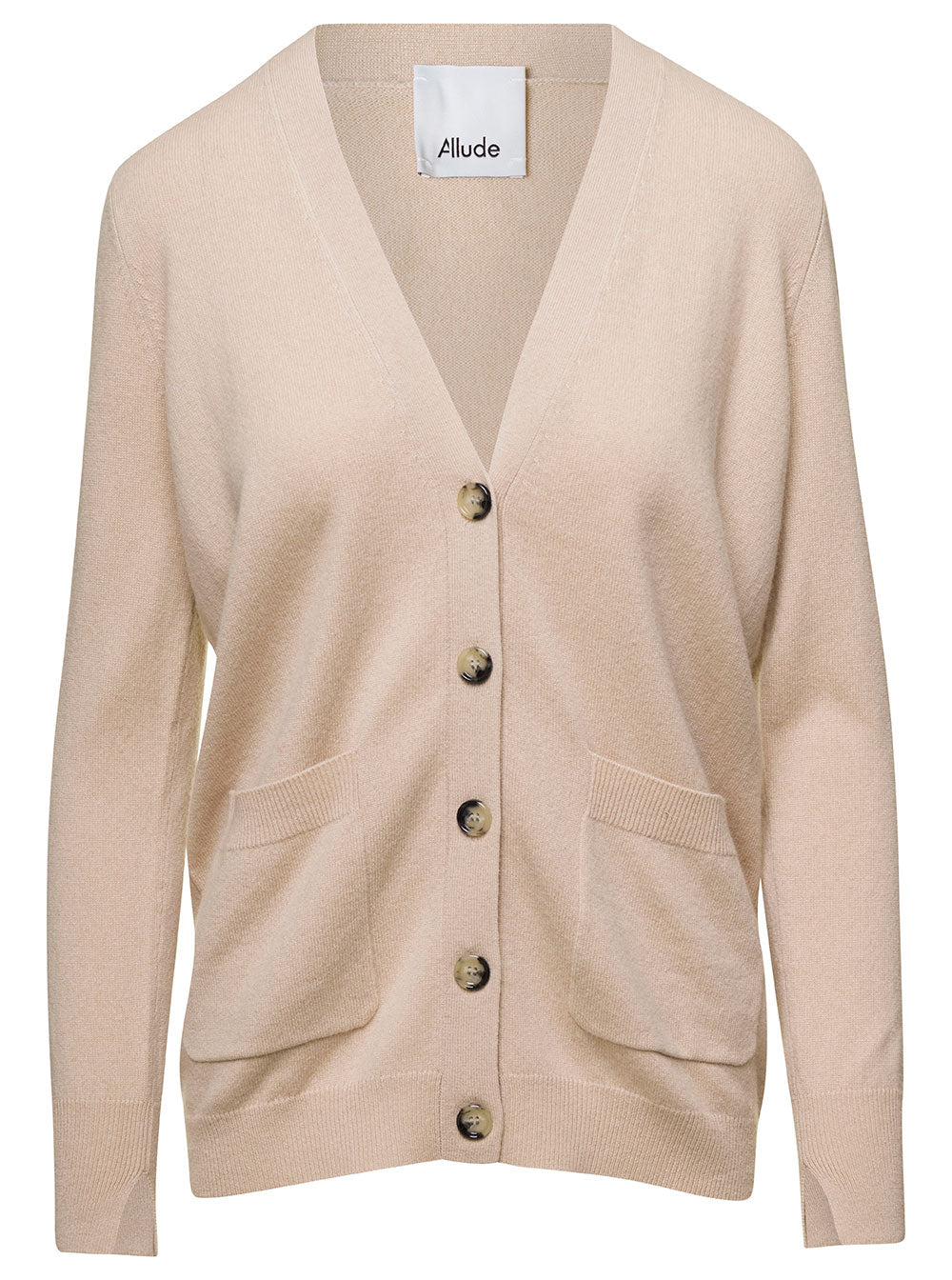 Beige V Neck Cardigan With Patch Pockets Wool And Cashmere Woman Virgin Jersey