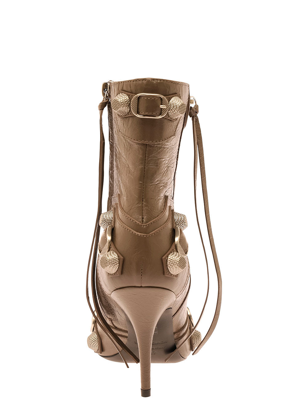 Cagole Brown Pointed Bootie With Studs And Buckles Leather Woman Lamb Ankle Boots
