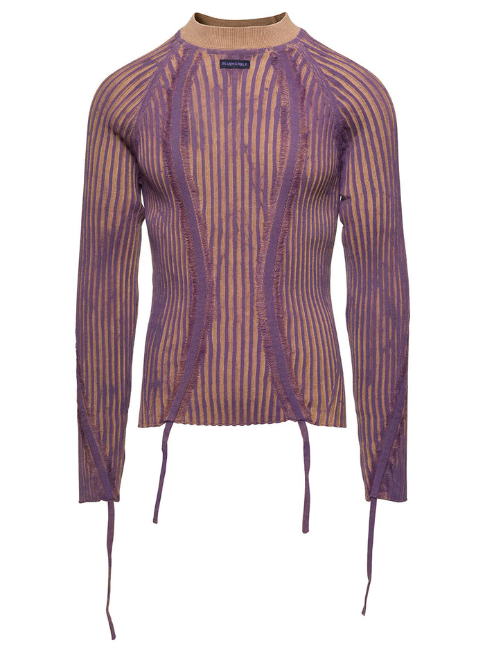 Beige And Violet Hand-Painted Rib Sweater With Drawstring Wool Man Virgiin Jersey