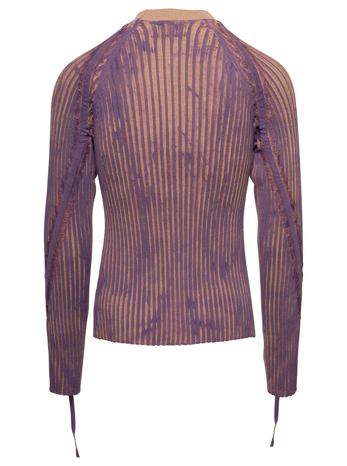 Beige And Violet Hand-Painted Rib Sweater With Drawstring Wool Man Virgiin Jersey