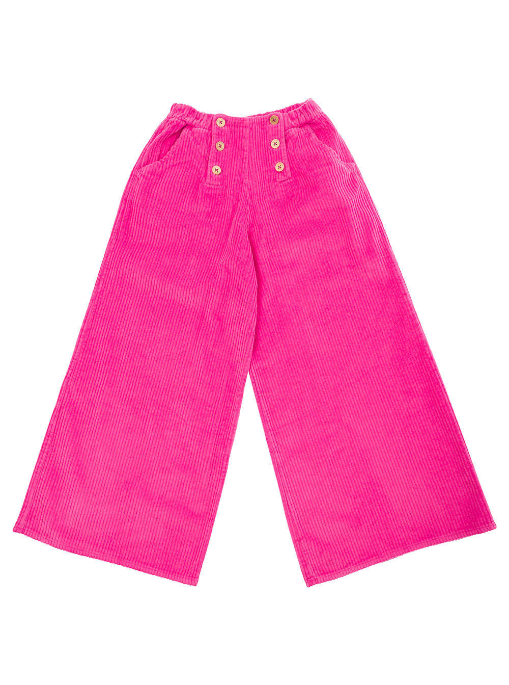 Fuchsia High-Waisted Pants With Buttons Corduroy Girl Fuxia Cotton Trousers