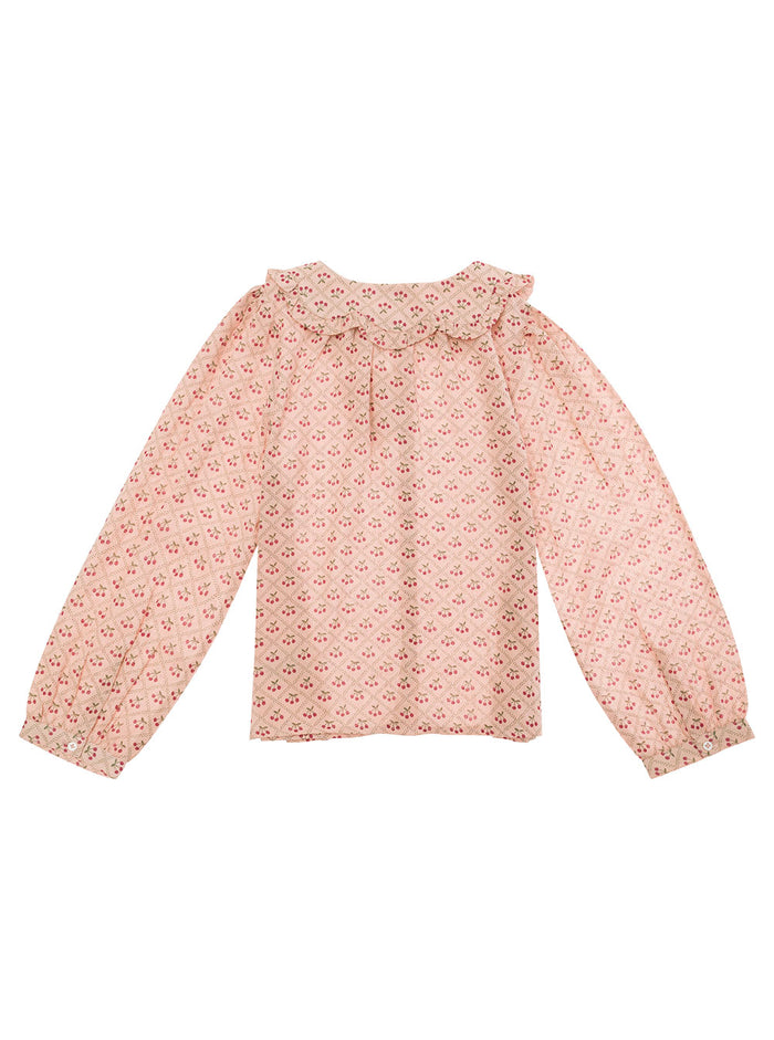 Pink Shirt With Peter-Pan Collar And Cherry Print Cotton Girl Blouses