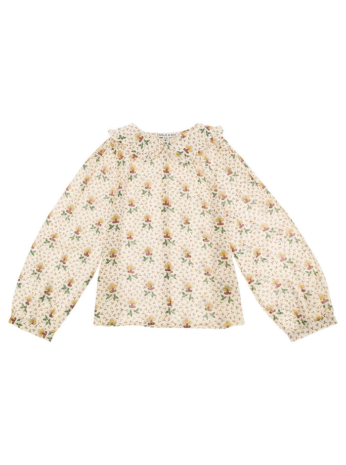 Beige Shirt With Peter-Pan Collar And Floreal Print Cotton Girl Blouses