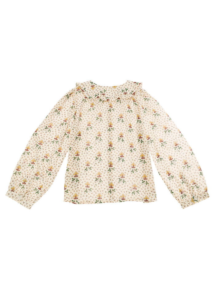 Beige Shirt With Peter-Pan Collar And Floreal Print Cotton Girl Blouses