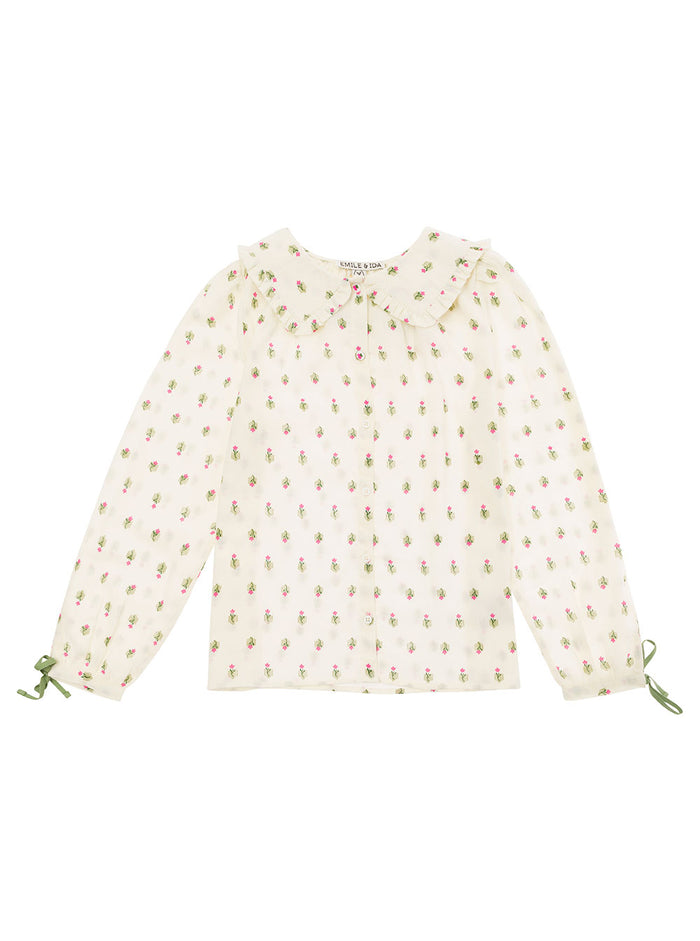 Beige Shirt With Peter-Pan Collar And Floreal Print Cotton Girl Blouses