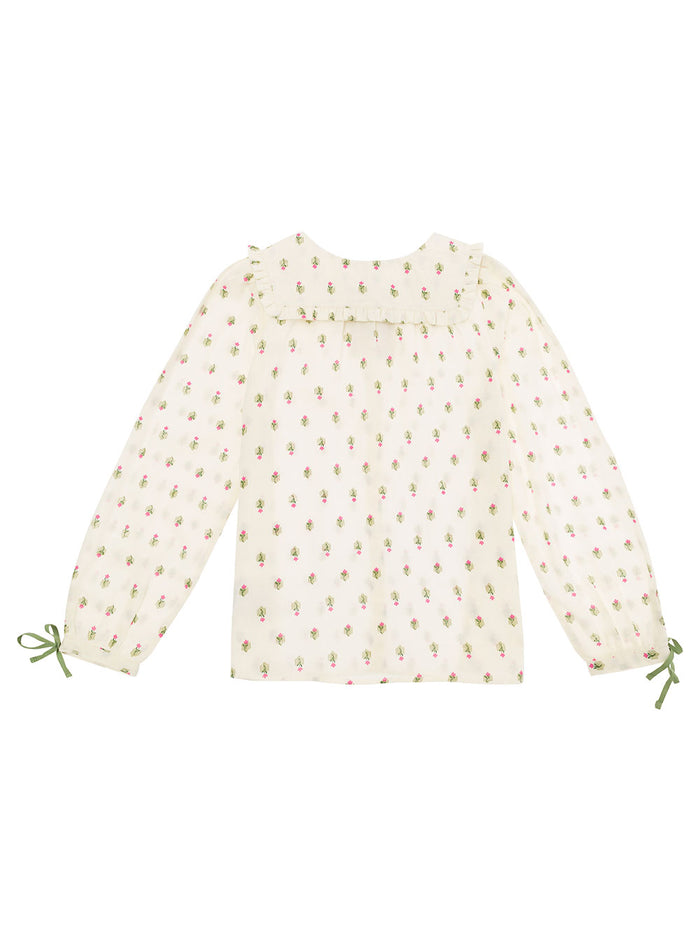 Beige Shirt With Peter-Pan Collar And Floreal Print Cotton Girl Blouses