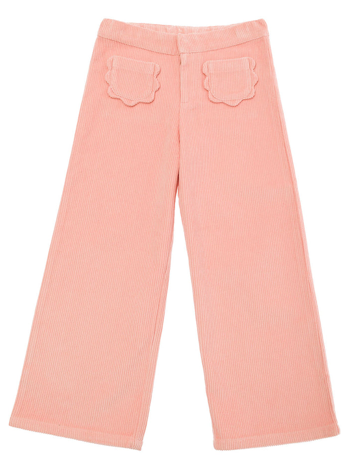 Pink Pants With Concealed Closure And Patch Pockets Corduroy Girl Cotton Trousers