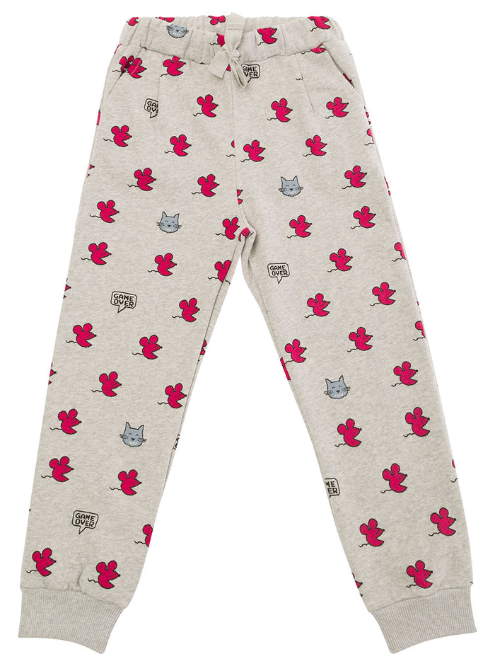 Grey Pants With All-Over Mouse And Cats Print Cotton Girl Bio Trousers