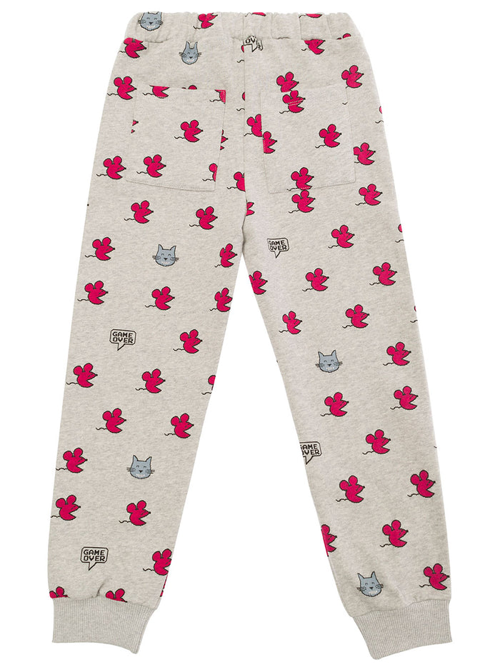 Grey Pants With All-Over Mouse And Cats Print Cotton Girl Bio Trousers