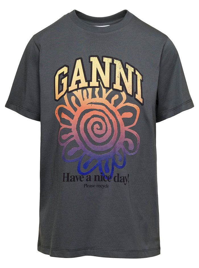 Relaxed Grey T-Shirt With Logo Print Cotton Woman Organic Tshirts And Polo Shirts