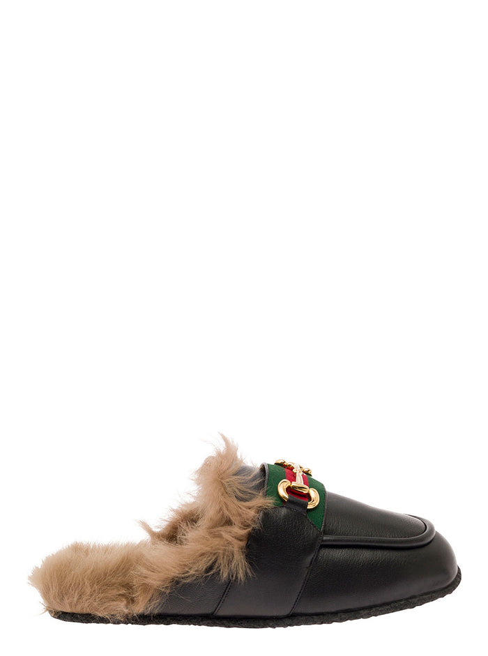 Black Slipper With Web And Horsebit Detail Leather Fur Man Goat Flat Shoes