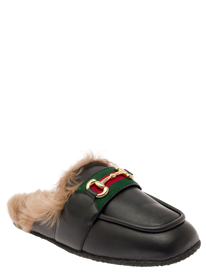 Black Slipper With Web And Horsebit Detail Leather Fur Man Goat Flat Shoes