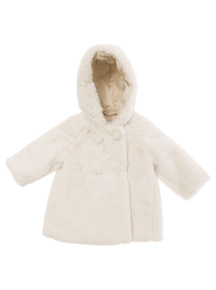 White Hooded Coat With Buttons Faux Fur Baby Polyester