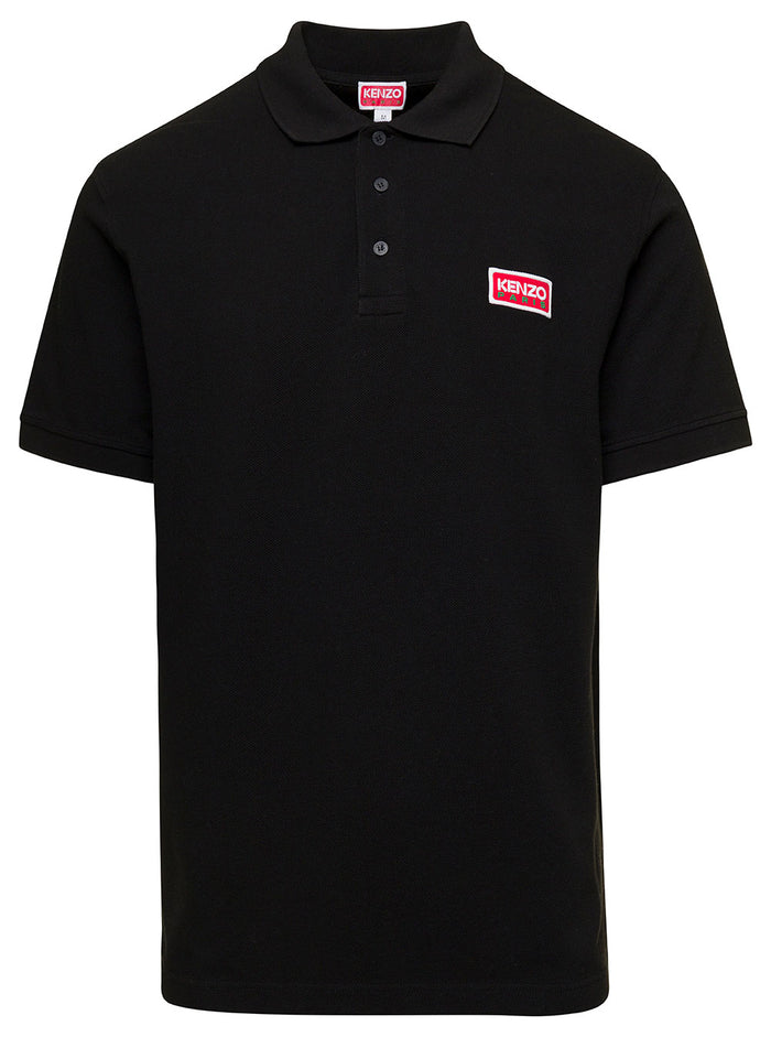 Black Polo Shirt With Buttons And Logo Patch Cotton Man Tshirts