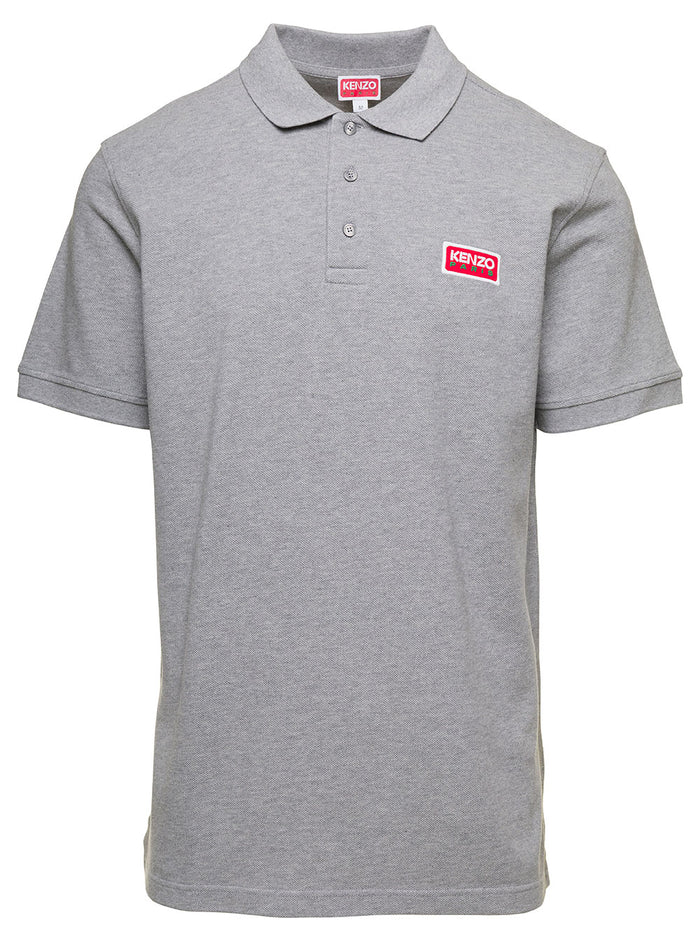 Grey Polo Shirt With Short Sleeves And Logo Patch Cotton Man Tshirts