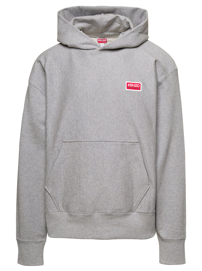 Grey Hoodie With Logo Print At The Front And Back Stretch Cotton Man Elastane Sweatshirts
