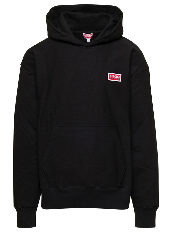 Black Hoodie With Logo Print At The Front And Back Stretch Cotton Man Elastane Sweatshirts
