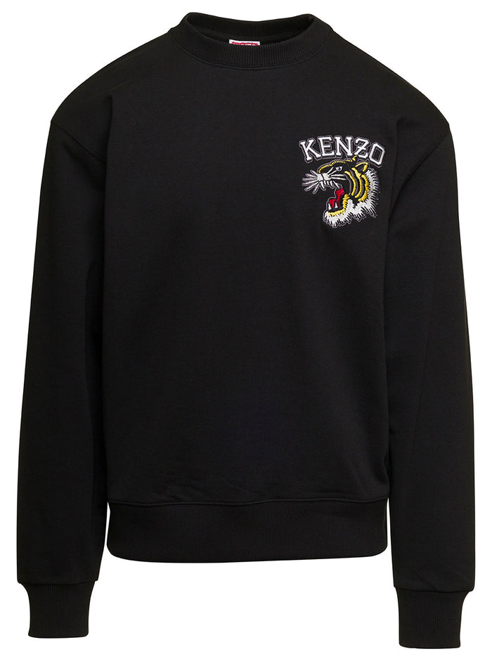 Black Crewneck Sweater With Tiger Embroidery And Logo Cotton Man Sweatshirts
