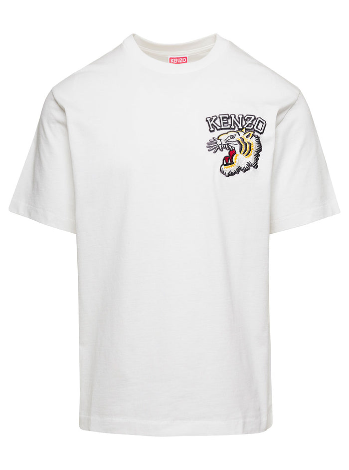 White Crewneck T-Shirt With Tiger Embroidery Cotton Man Tshirts And Polo Shirts