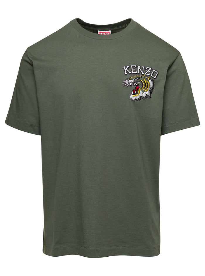 Green Crewneck T-Shirt With Tiger Embroidery Cotton Man Tshirts And Polo Shirts
