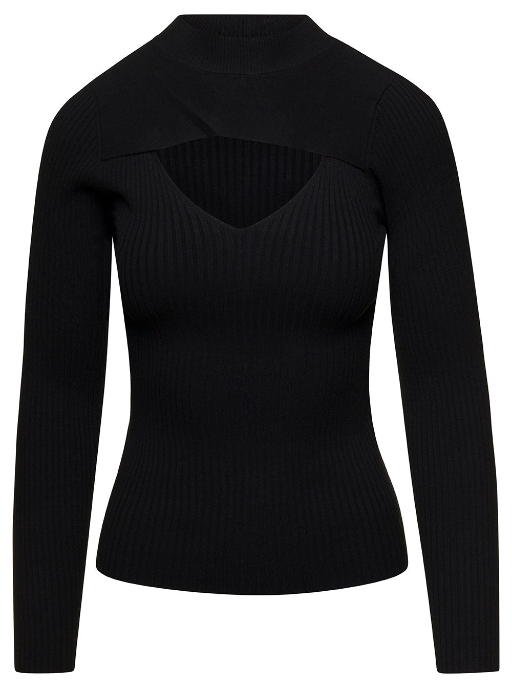 Black Ribbed Sweater With Cut-Out Detail At The Frint Viscose Blend Woman Polyester Jersey
