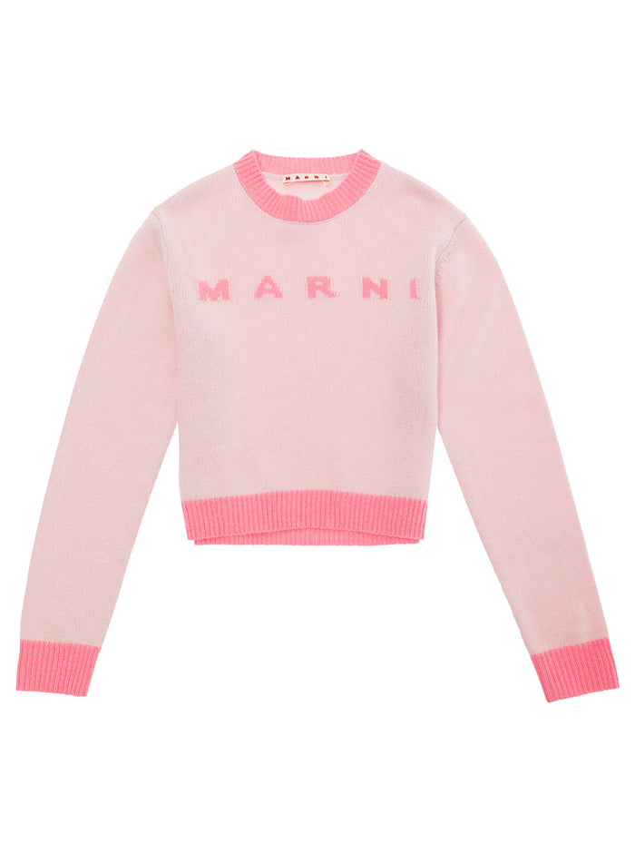 Pink Sweater With Front Logo Lettering Wool And Cashmere Girl Jersey