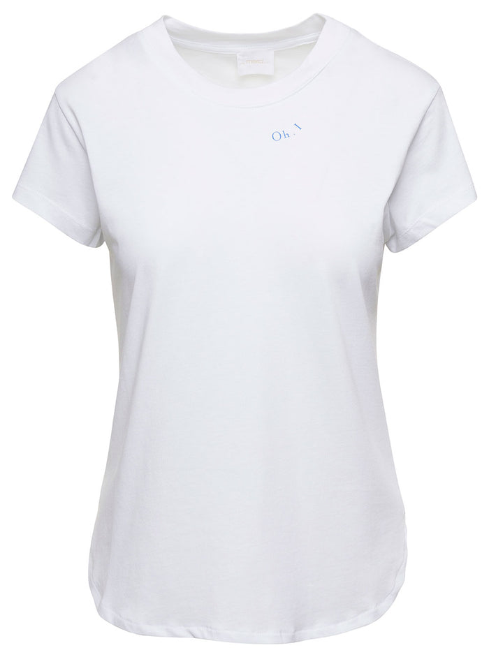 White T-Shirt With Blue Oh. I Embroidery Cotton Woman Tshirts And Polo Shirts